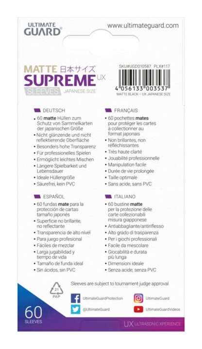 Ultimate Guard Supreme UX Sleeves Japanische Größe Matt Schwarz (60) – Bild 4